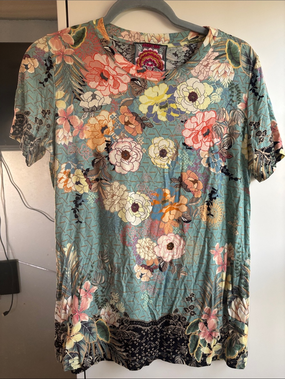 Johnny Was Teal Floral Short Sleeve Tee
